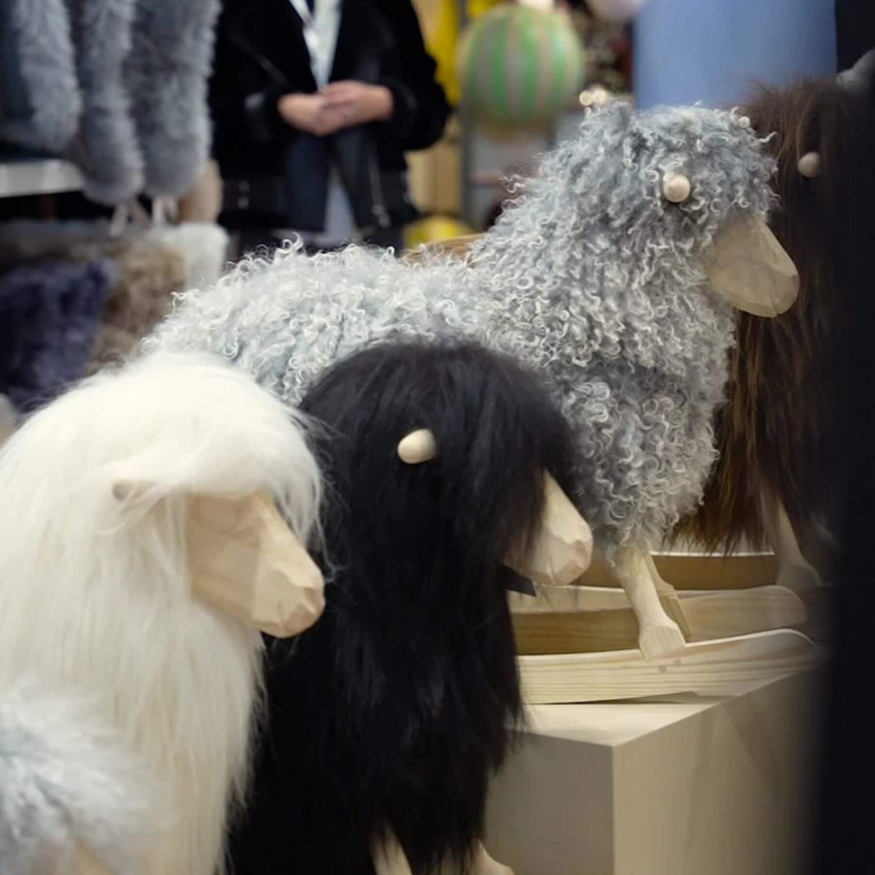 3 Rocking Sheep Made of Pine Wood Covered with Gotland Curly Sheepskin