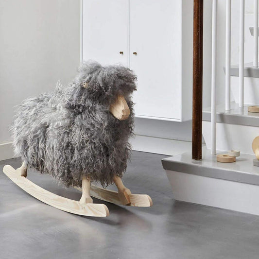 Rocking Sheep Made of Pine Wood Covered with Gotland Curly Sheepskin, Natural Grey