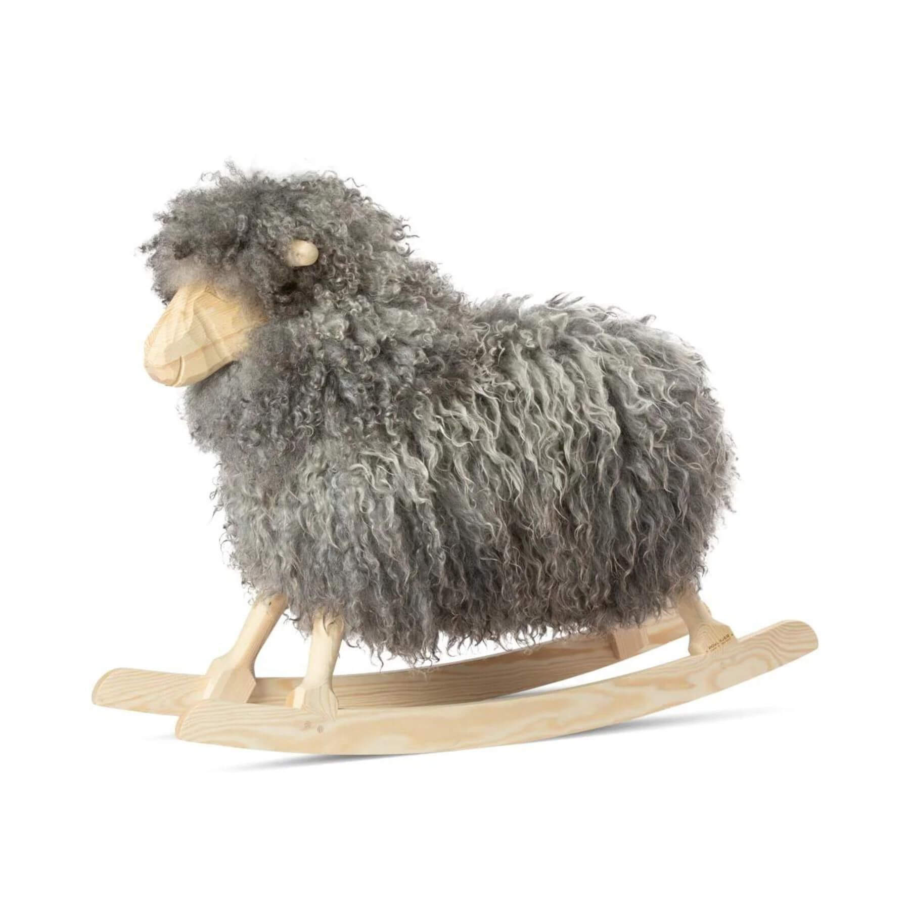 Rocking Sheep Made of Pine Wood Covered with Gotland Curly Sheepskin, Natural Grey