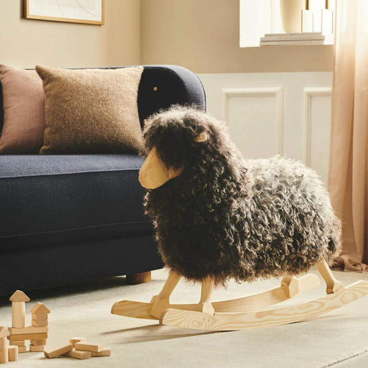 Rocking Sheep Made of Pine Wood Covered with Sheepskin, Black