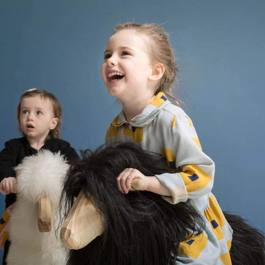 Kids Riding on Rocking Sheep Made of Pine Wood Covered with Sheepskin, Long Wool