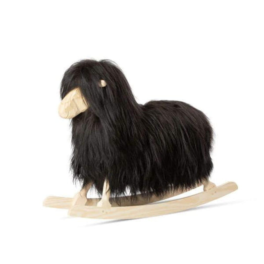 Rocking Sheep Made of Pine Wood Covered with Sheepskin, Long Wool, Blacky