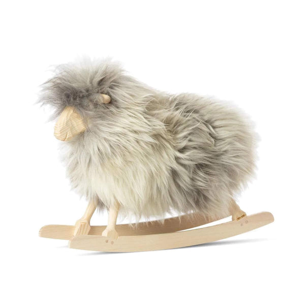 Rocking Sheep Made of Pine Wood Covered with Sheepskin, Long Wool, Small, Natural Grey