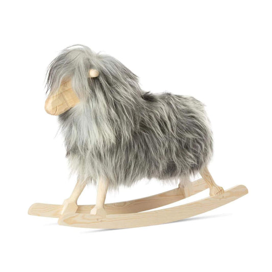 Rocking Sheep Made of Pine Wood Covered with Sheepskin, Long Wool, Natural Grey