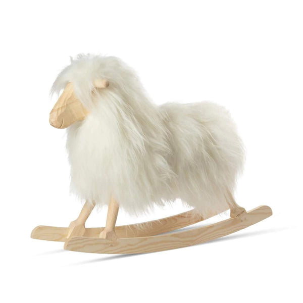 Rocking Sheep Made of Pine Wood Covered with Sheepskin, Long Wool, Off White