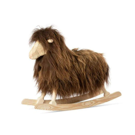 Rocking Sheep Made of Pine Wood Covered with Sheepskin, Long Wool, Rusty Brown