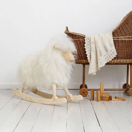 Rocking Sheep Made of Pine Wood Covered with Sheepskin, Long Wool, White