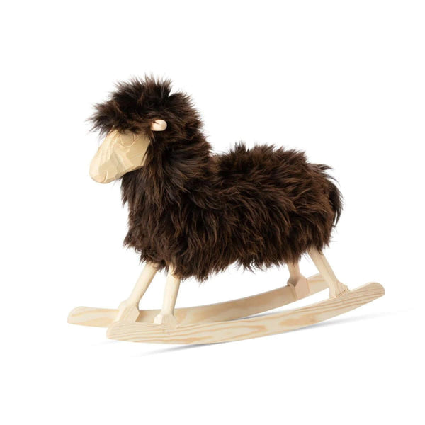 Rocking Sheep made of Pine Wood covered with Sheepskin, Short Wool, Rusty Brown