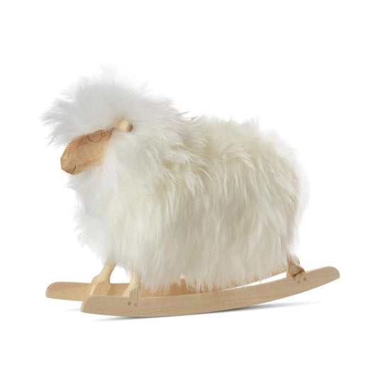 Rocking Sheep Made of Pine Wood Covered with Sheepskin, Long Wool, Small