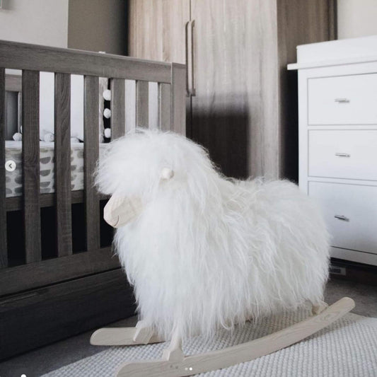 Rocking Sheep Made of Pine Wood Covered with Sheepskin, Long Wool, Small