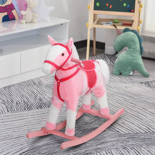 Qaba Kids Plush Toy Rocking Horse Pony with Realistic Sounds Pink