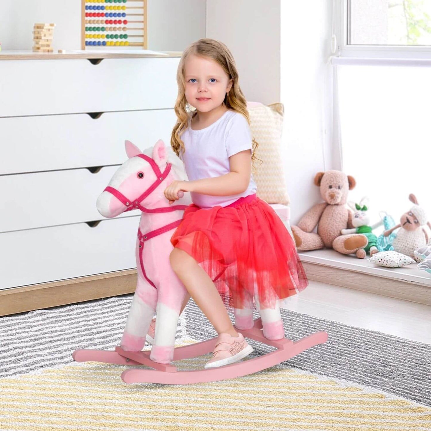 Girl Riding Qaba Kids Plush Toy Rocking Horse Pony Pink