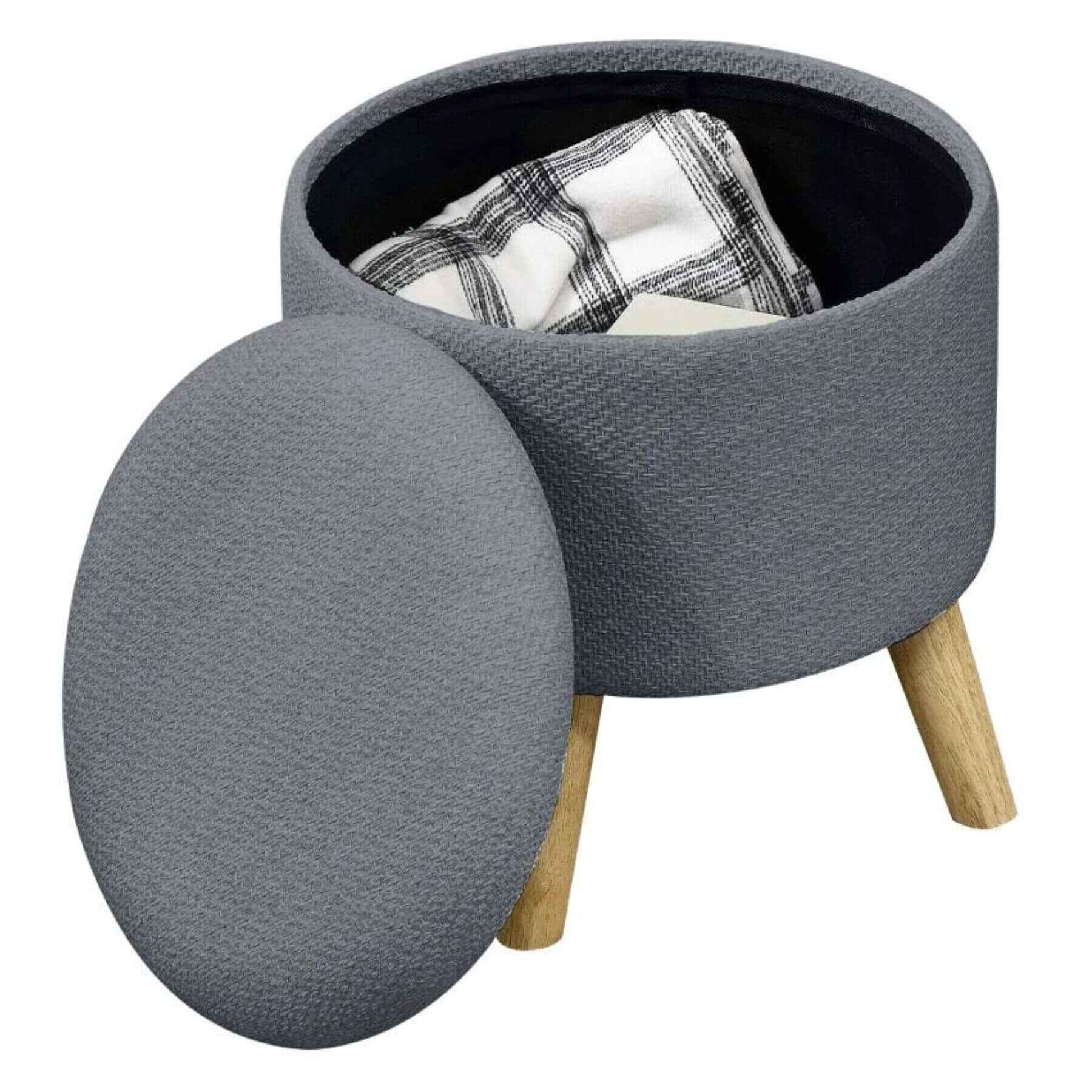 HOMCOM Round Ottoman Stool with Storage and Wood Legs Gray w/ Lid Open