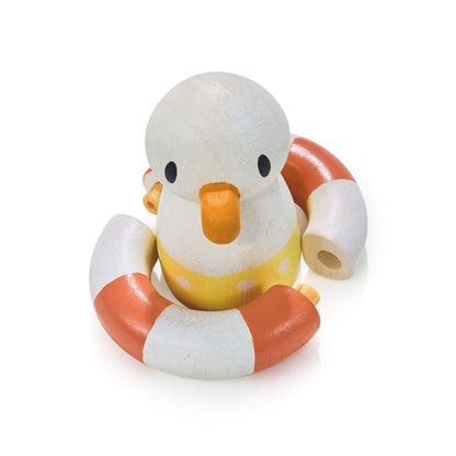 Toy duck with a life preserver on a white background