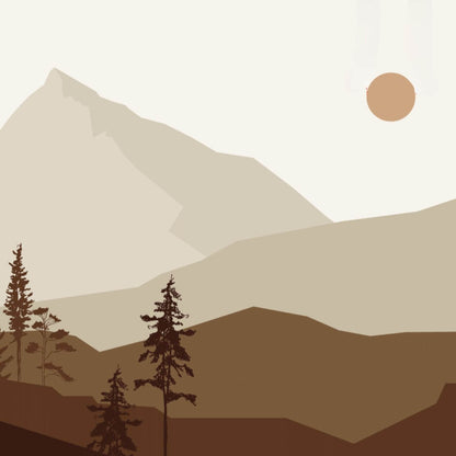 Simplified illustration of mountains and trees with a minimalistic design.