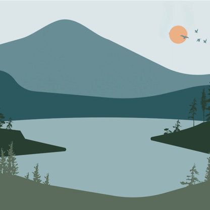 Simplified illustration of a mountain landscape with a lake and trees.