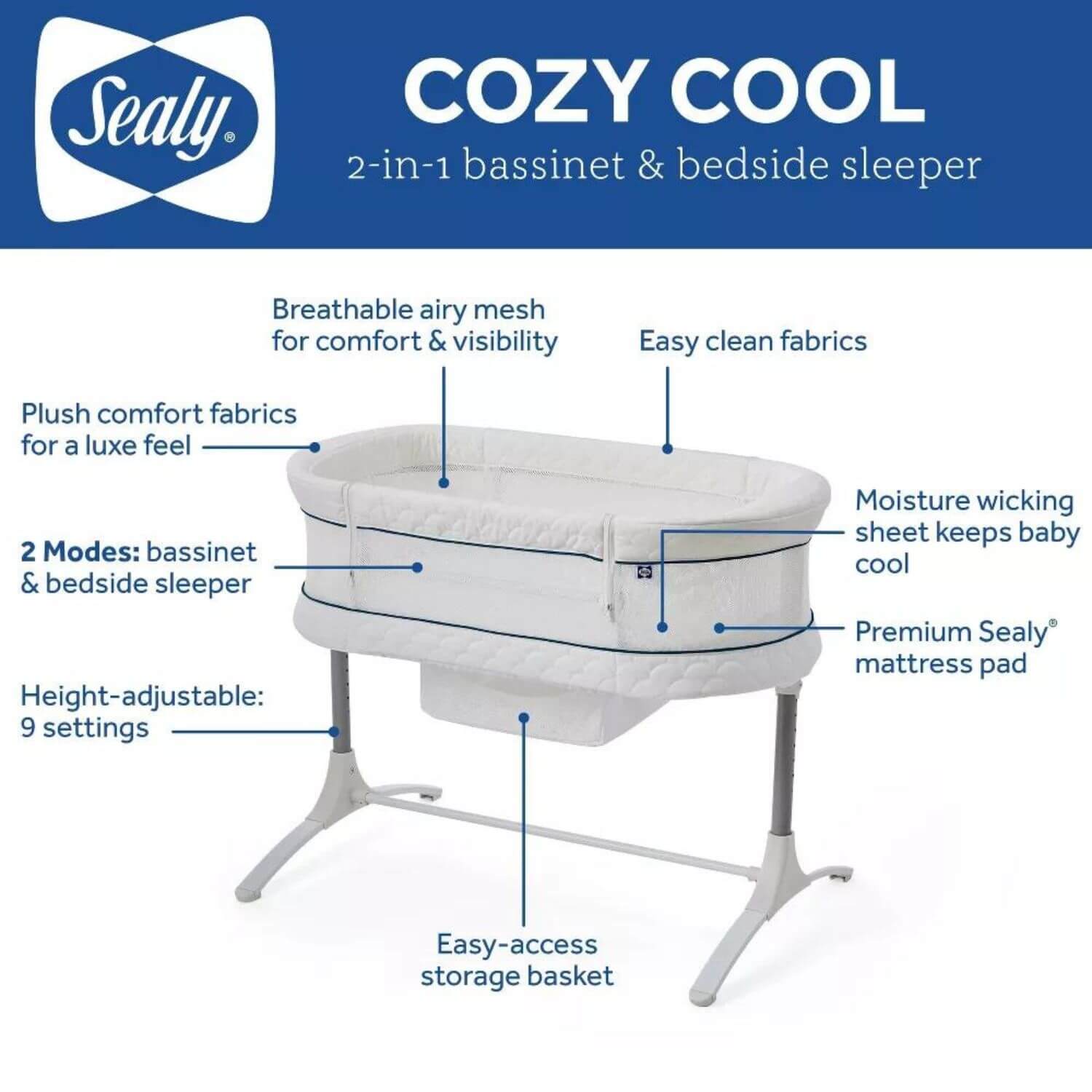 Sealy Cozy Cool Breathable 2-in-1 Baby Bassinet and Bedside Sleeper - Features