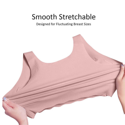 Sunveno Seamless Nursing Bra - Pink being stretched to demonstrate smooth stretchable material on a white background.