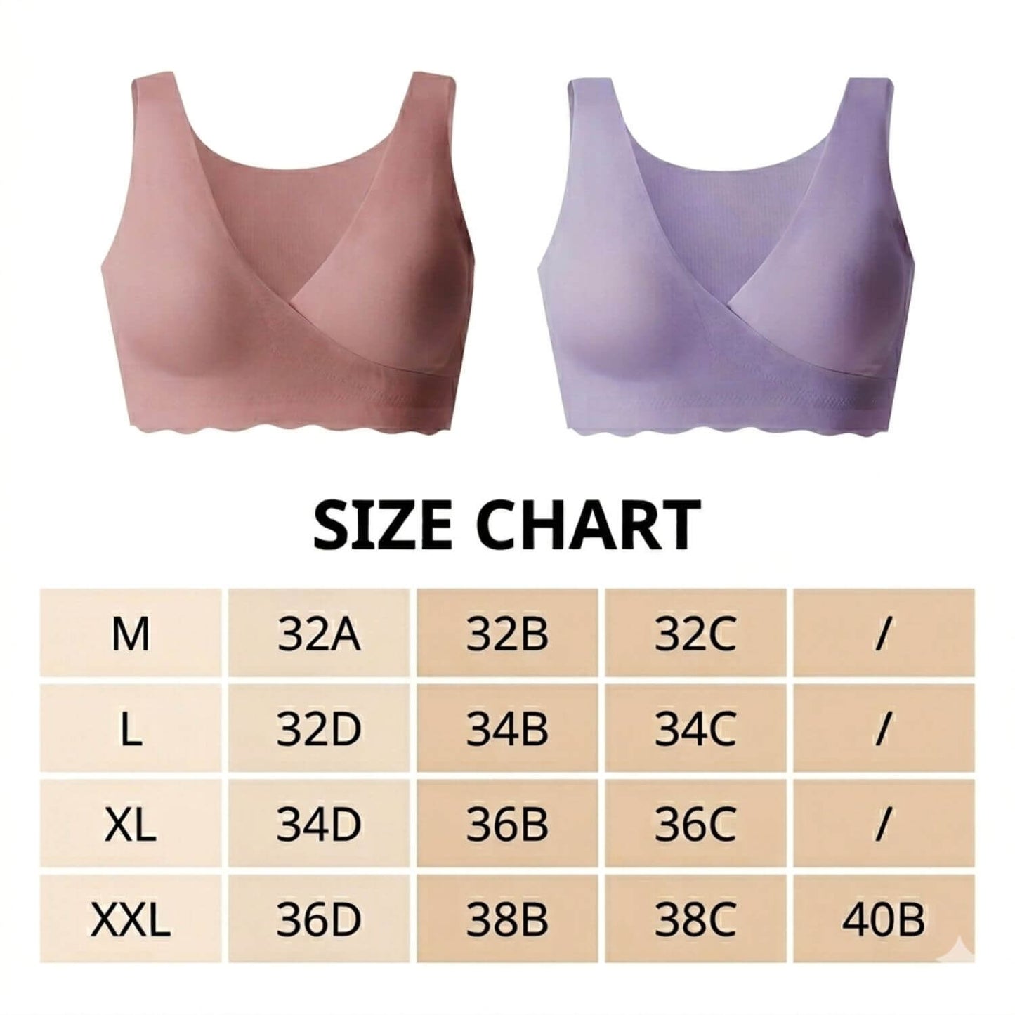 Two bras in pink and purple with a size chart below on a white background
