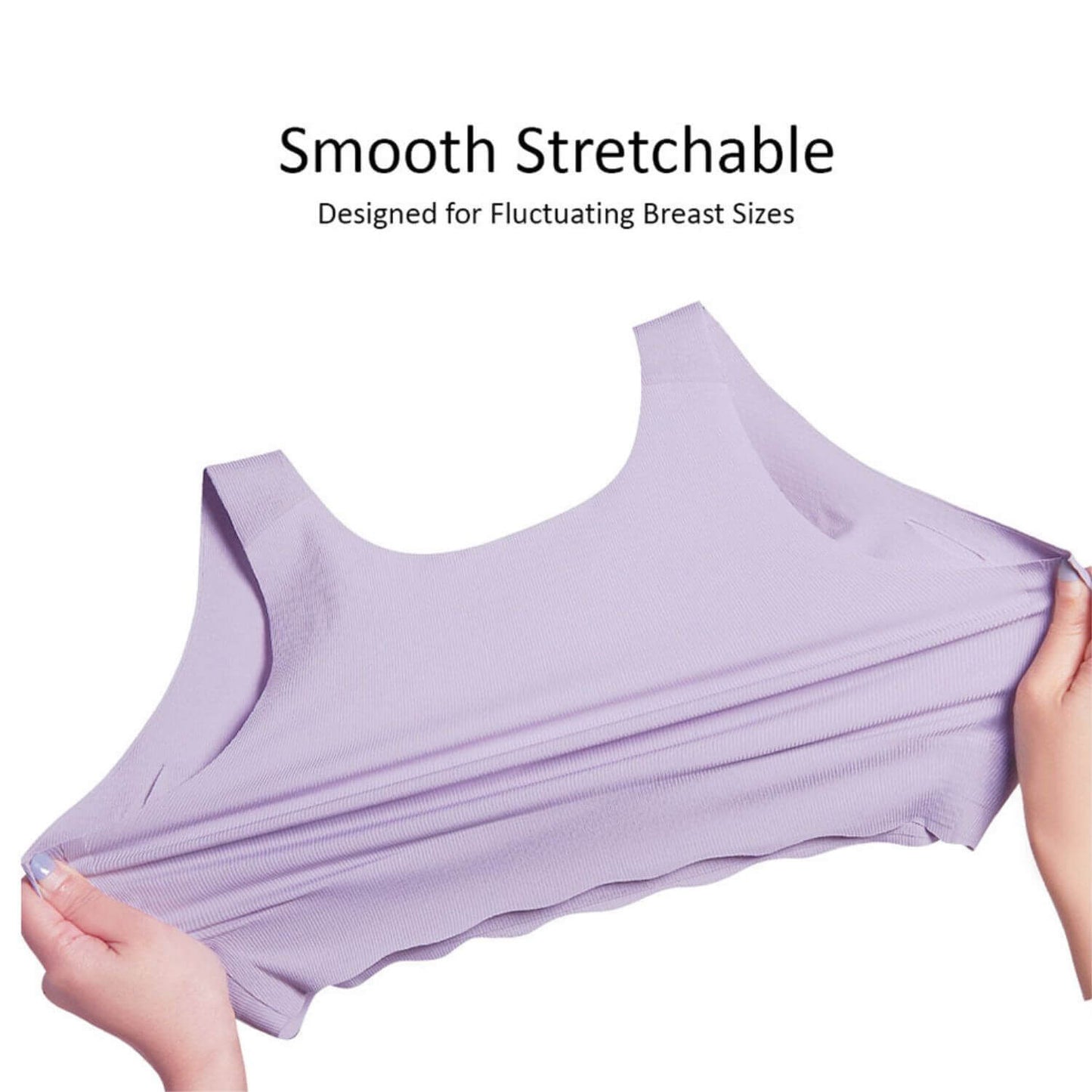 Sunveno Seamless Nursing Bra - Purple held by hands with text 'Smooth Stretchable' and 'Designed for Fluctuating Breast Sizes'.