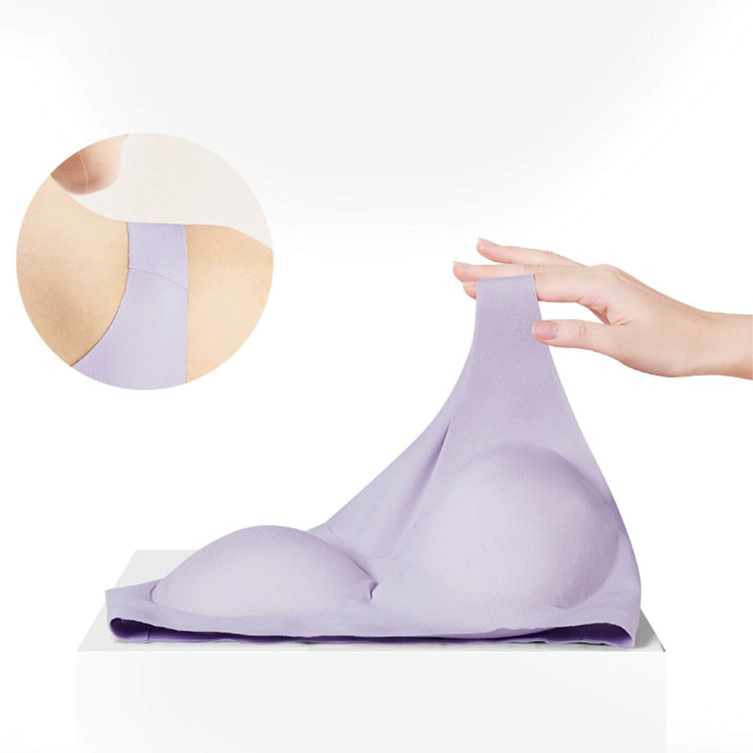 Sunveno Seamless Nursing Bra - Purple being held by a hand with close-up inset on a white background