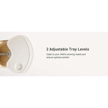 White and gold tray of SEGLONIA 3-in-1 Folding High Chair with text about adjustable tray levels on a white background