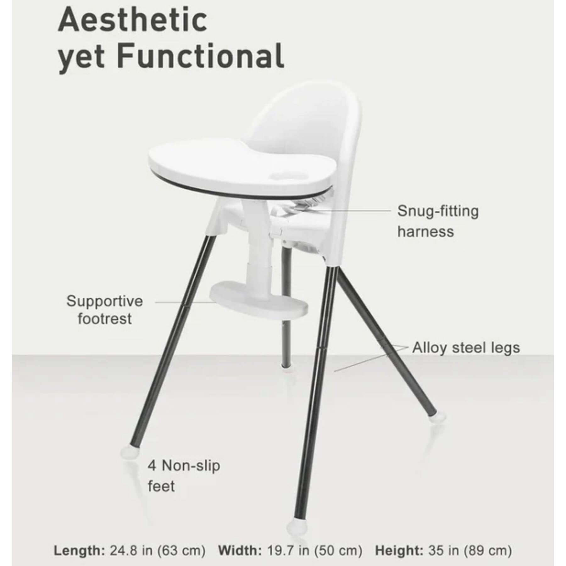 SEGLONIA 3-in-1 Folding High Chair White/Black labeled for features on a light gray background