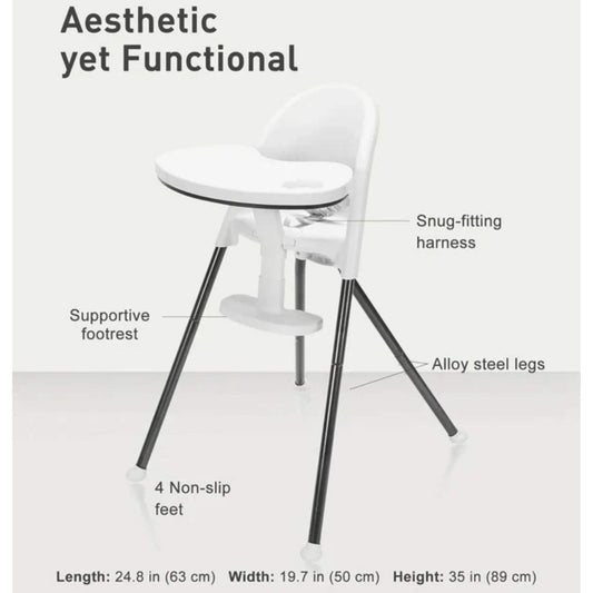 SEGLONIA 3-in-1 Folding High Chair White/Black labeled for features on a light gray background