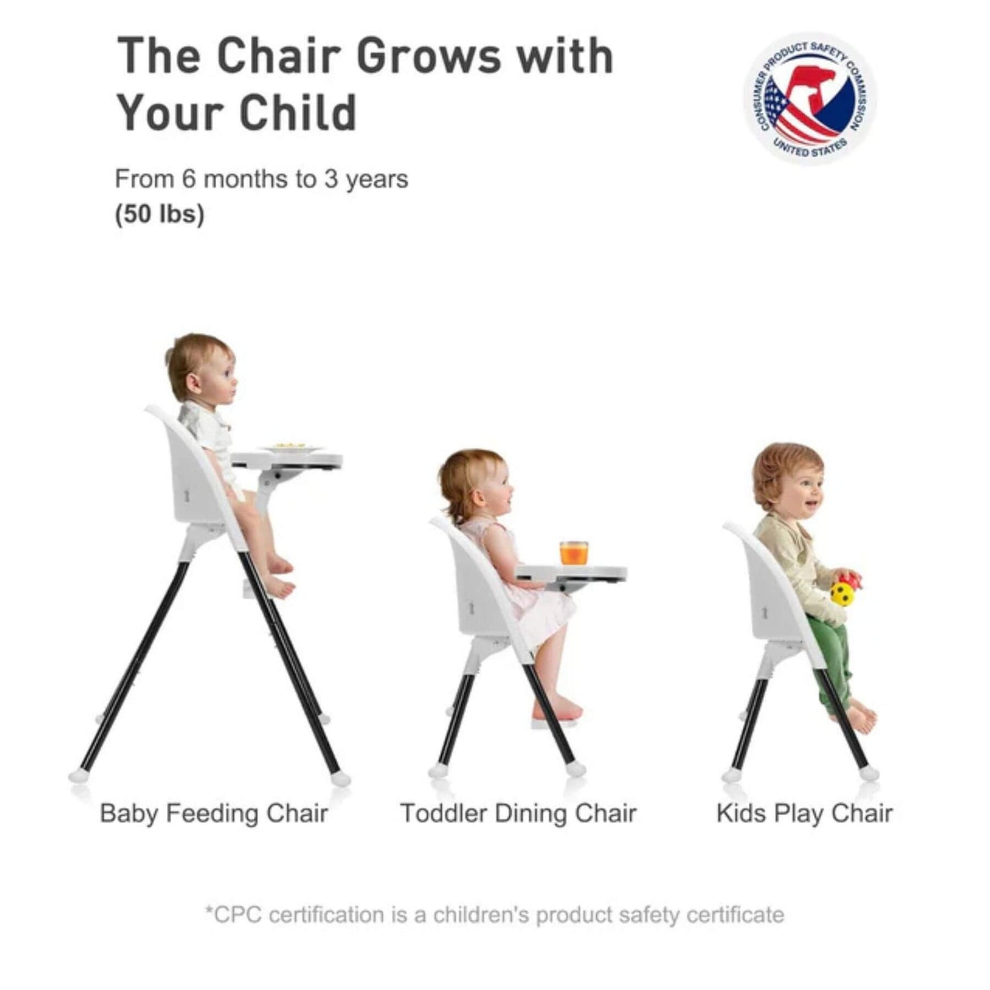 SEGLONIA 3-in-1 Folding High Chair White/Black set with stages for baby, toddler, and child, featuring CPC certification logo.