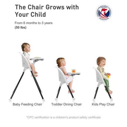 SEGLONIA 3-in-1 Folding High Chair White/Black set with stages for baby, toddler, and child, featuring CPC certification logo.