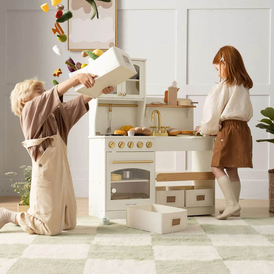 Two Kids Playing Tiny Land® Serenity Play Kitchen - Cream