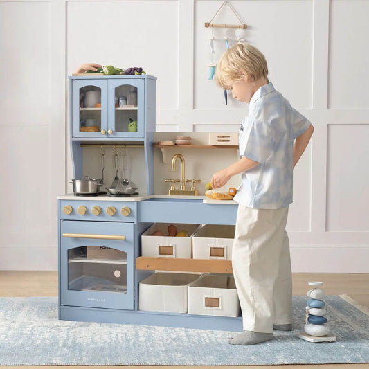 Tiny Land® Serenity Play Kitchen Lagoon Blue in a bright room