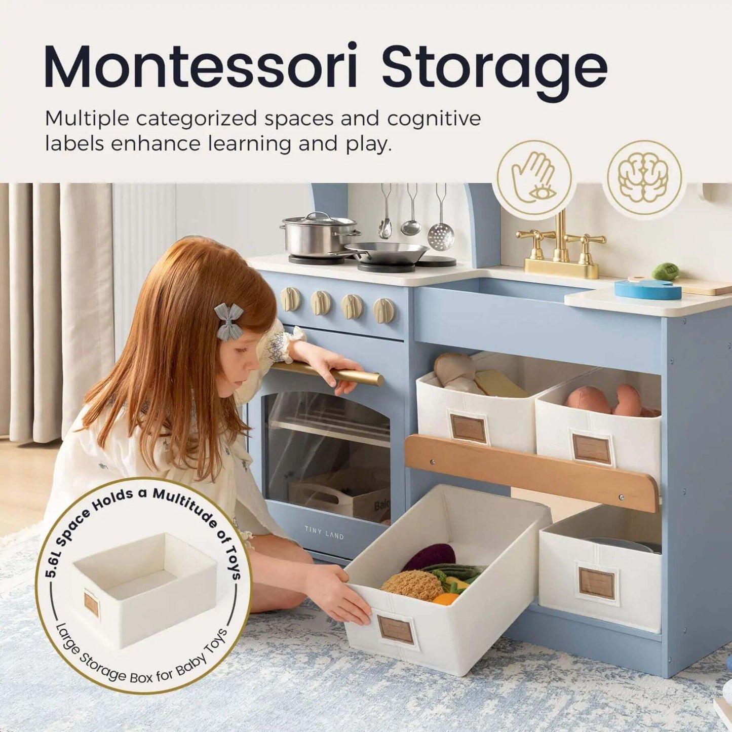 Child playing with Tiny Land® Serenity Play Kitchen Lagoon Blue, emphasizing Montessori storage solutions.