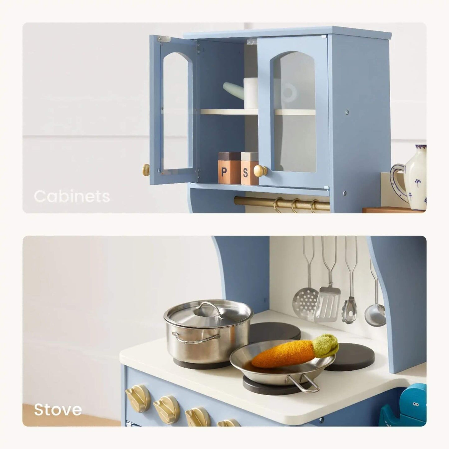 Children's play kitchen set with blue cabinets and stove.