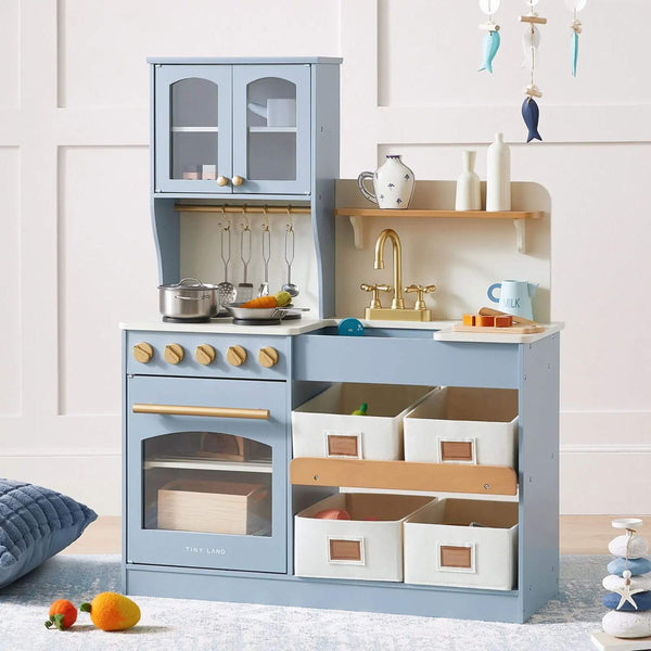 Tiny Land® Serenity Play Kitchen Lagoon Blue on a light-colored floor.