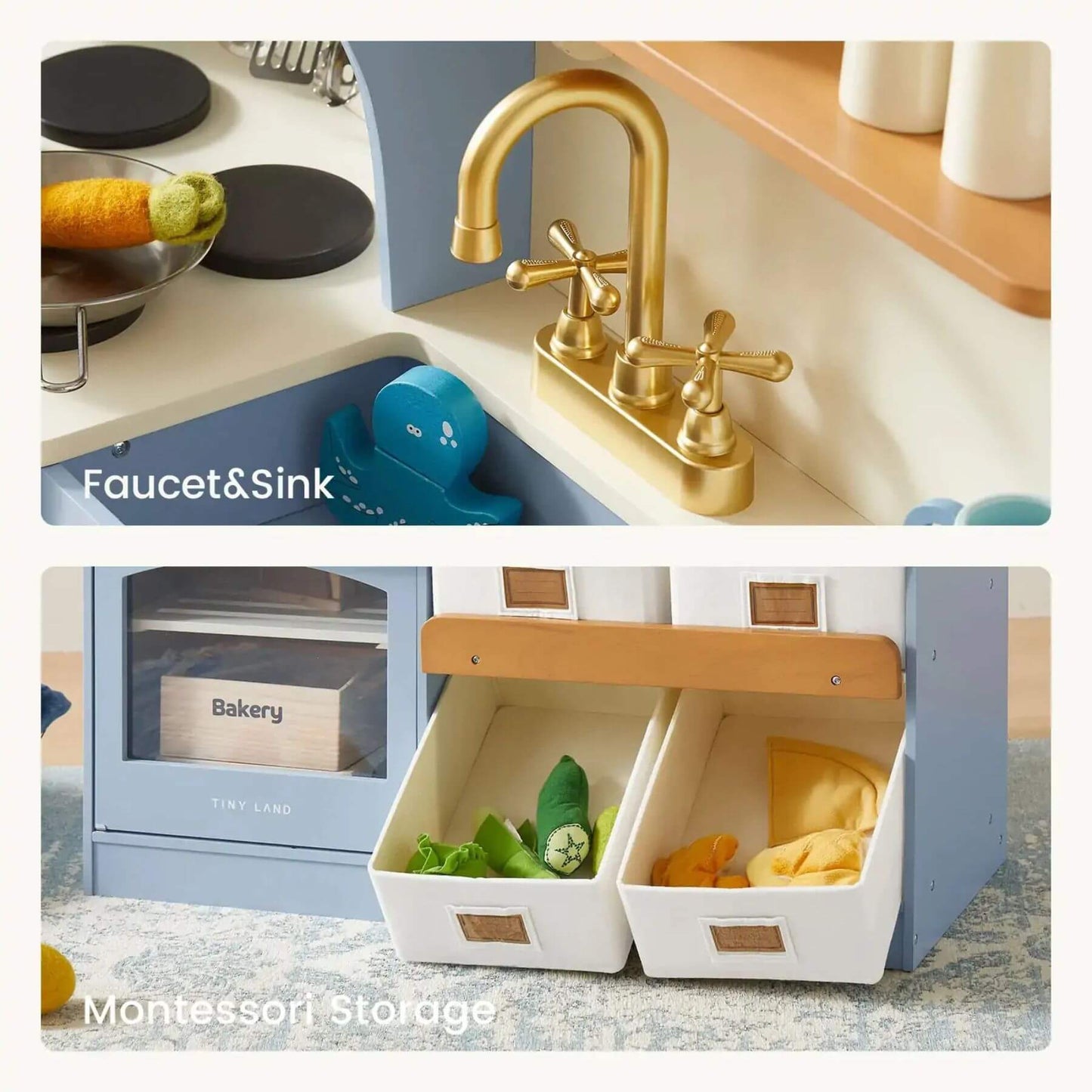 Children's play kitchen set with gold faucet, sink, and Montessori storage bins.