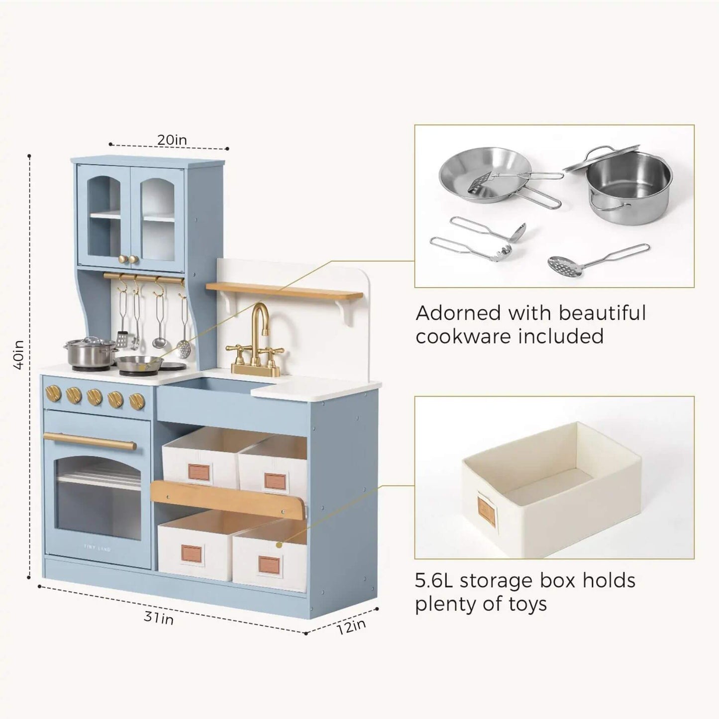 Tiny Land® Serenity Play Kitchen Lagoon Blue with measurements and included cookware on a white background
