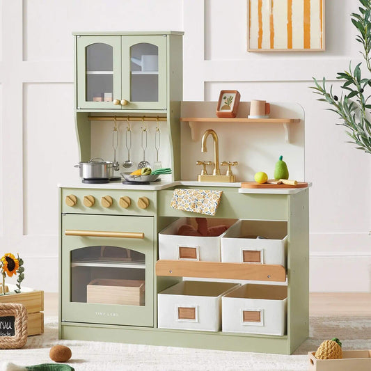 Tiny Land® Serenity Play Kitchen Sage Green in a room setting.