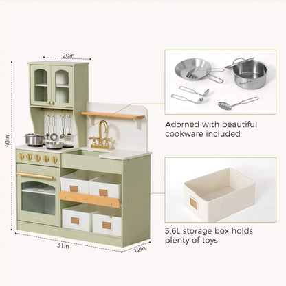 Tiny Land® Serenity Play Kitchen Sage Green with measurements and included cookware on a white background