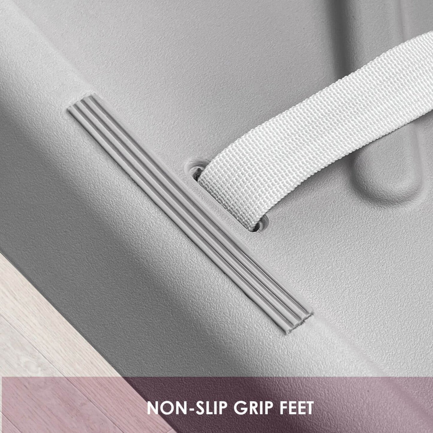 Gray mat with non-slip grip feet and a white strap, labeled 'Non-Slip Grip Feet'.