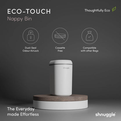 Shnuggle Eco-Touch Nappy Bin with features on a dark background