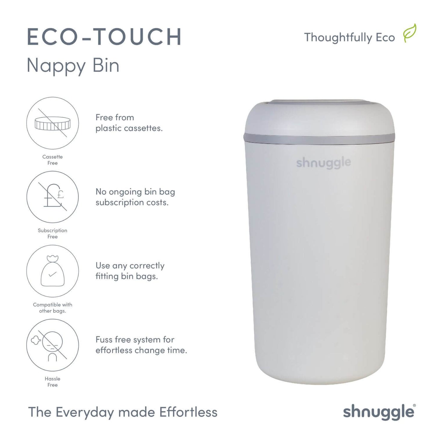 Shnuggle Eco-Touch Nappy Bin with features listed on a white background