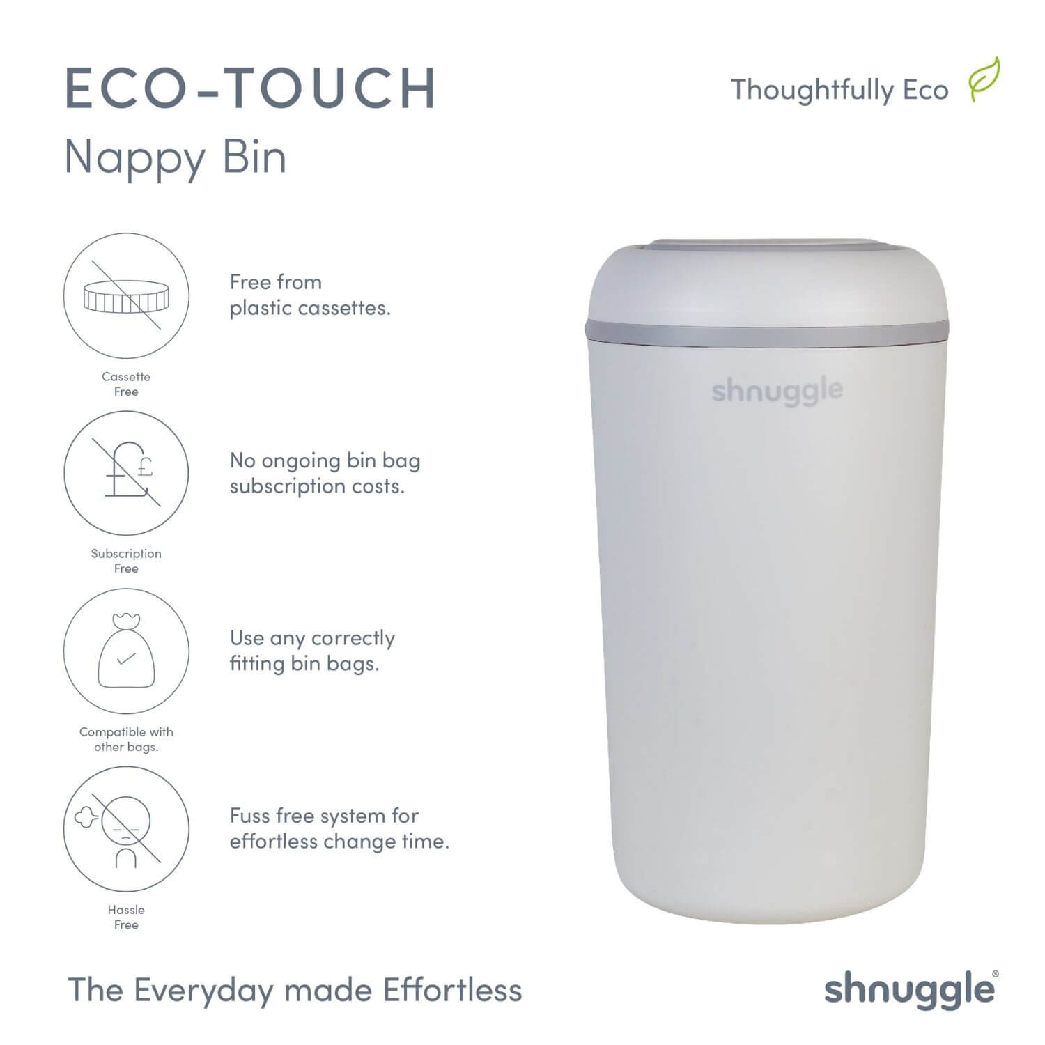 Shnuggle Eco-Touch Nappy Bin with features listed on a white background