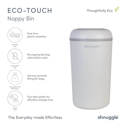 Shnuggle Eco-Touch Nappy Bin with features listed on a white background