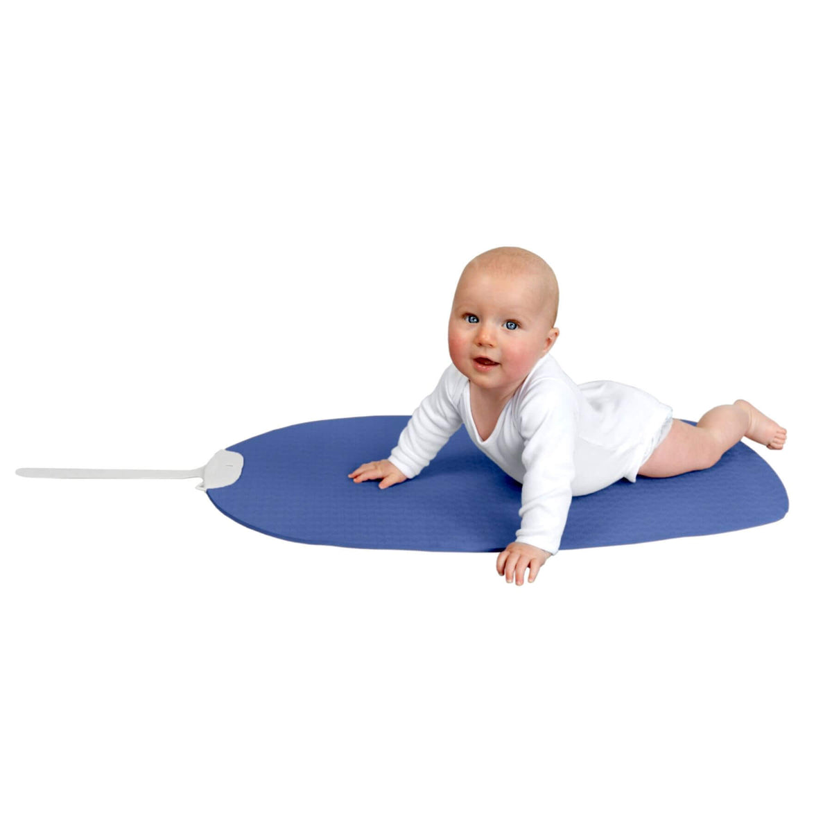 A baby in a white long-sleeve outfit lies on Shnuggle Portable Changing & Play Mat - Blue