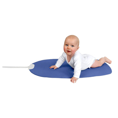 A baby in a white long-sleeve outfit lies on Shnuggle Portable Changing & Play Mat - Blue