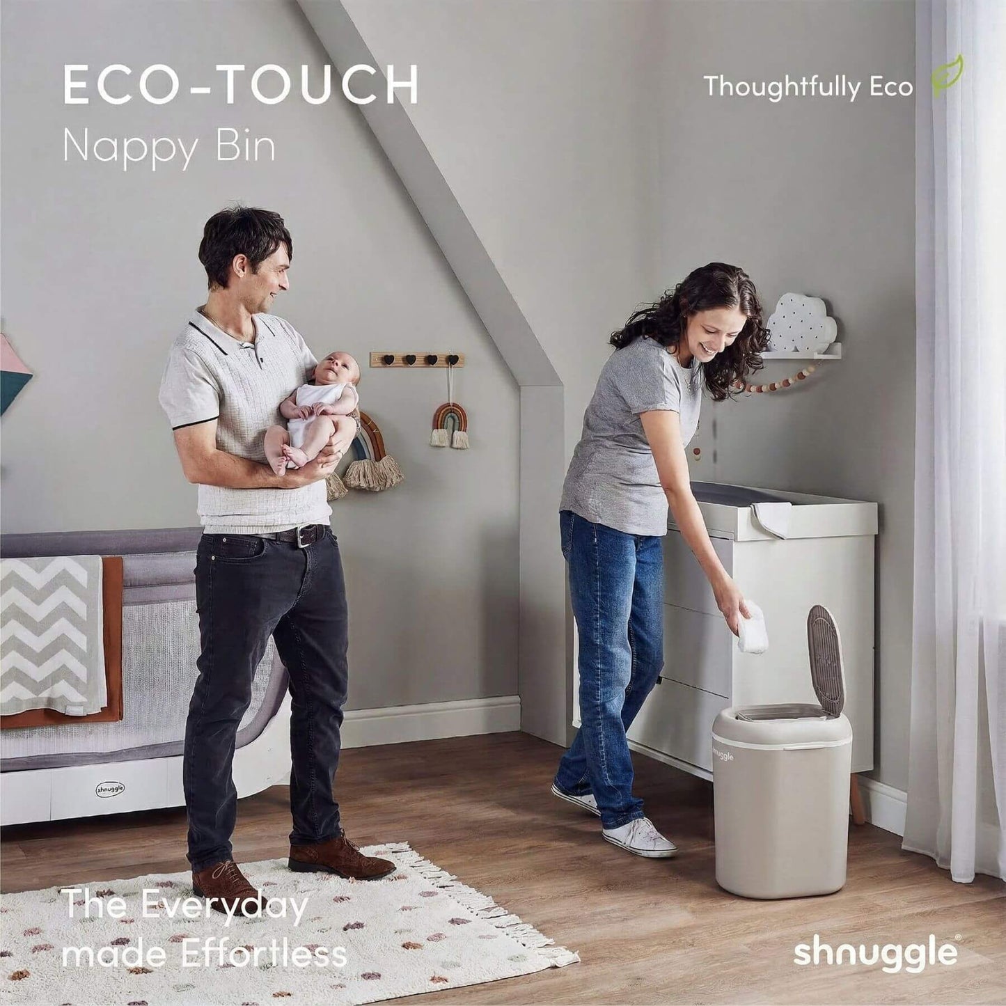 Family in a nursery with Shnuggle Eco-Touch Nappy Bin Diaper Pail - Taupe