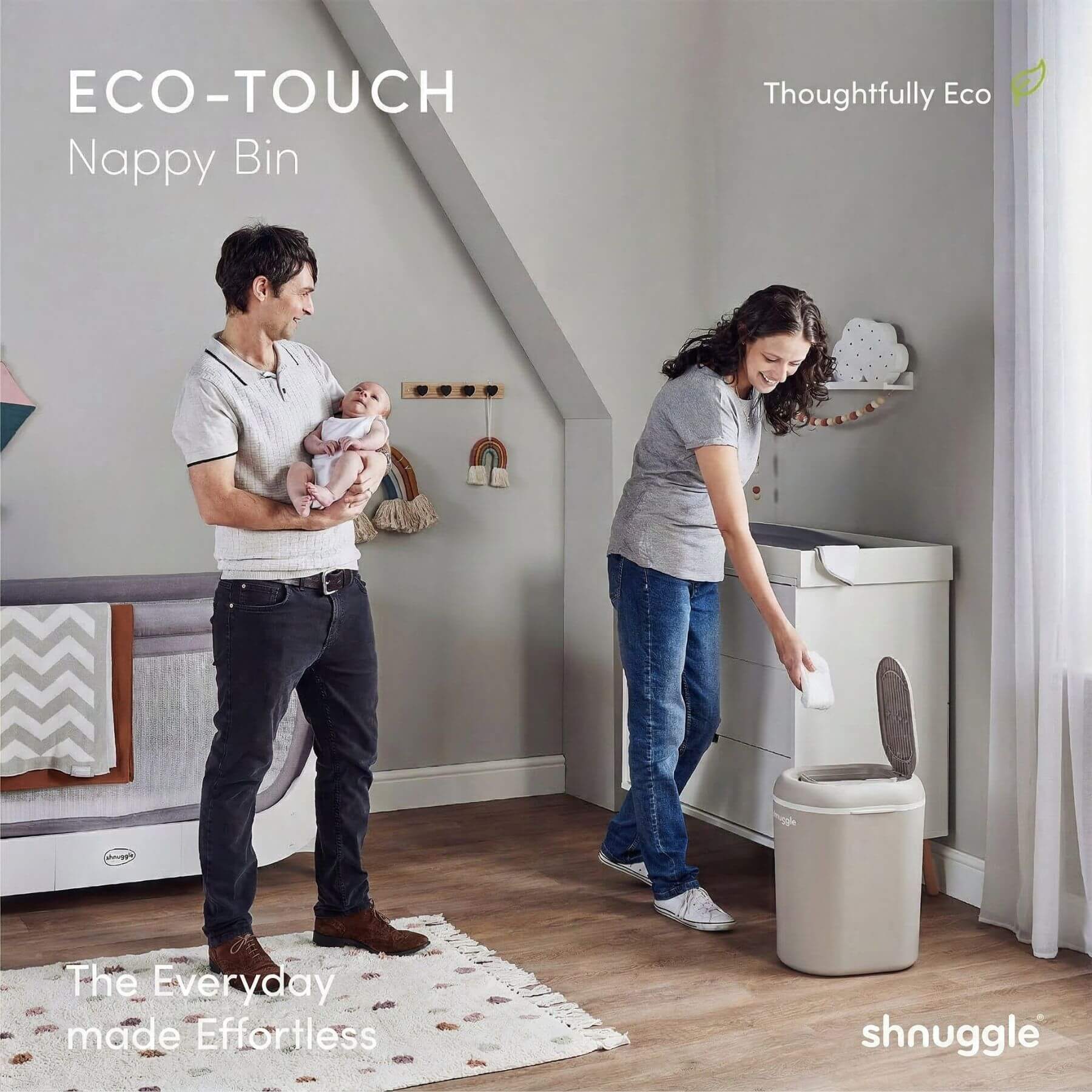 Family in a nursery with Shnuggle Eco-Touch Nappy Bin Diaper Pail - Taupe