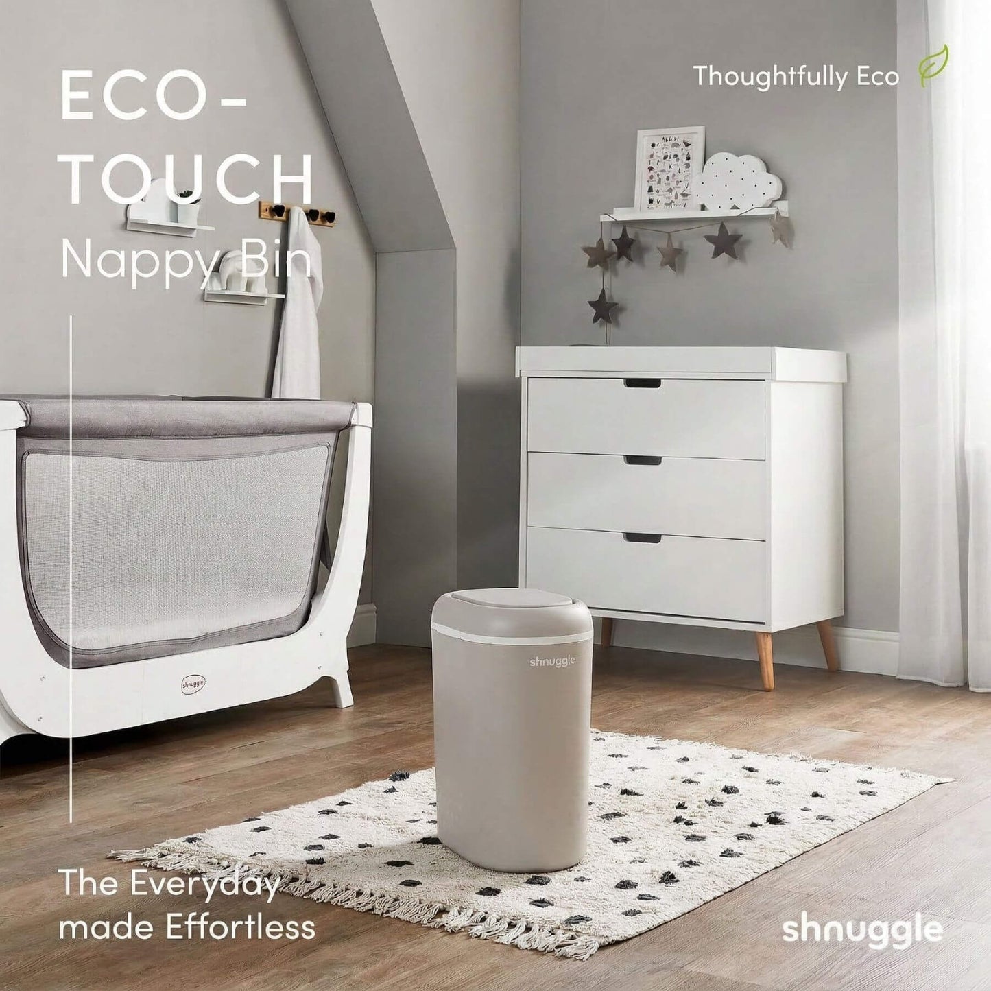 Shnuggle Eco-Touch Nappy Bin Diaper Pail - Taupe in a nursery setting