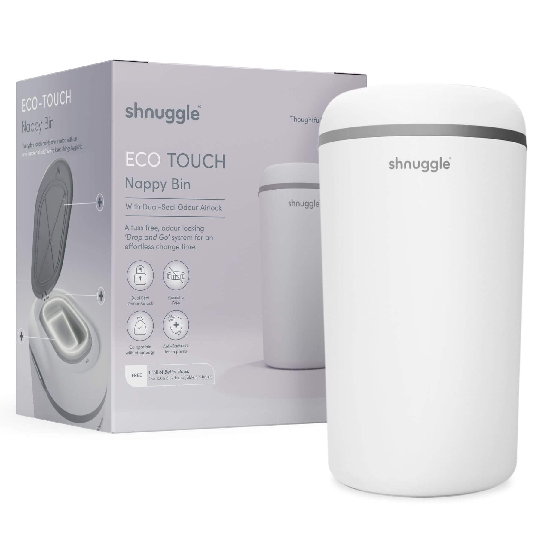 Shnuggle Eco-Touch Nappy Bin Diaper Pail - White